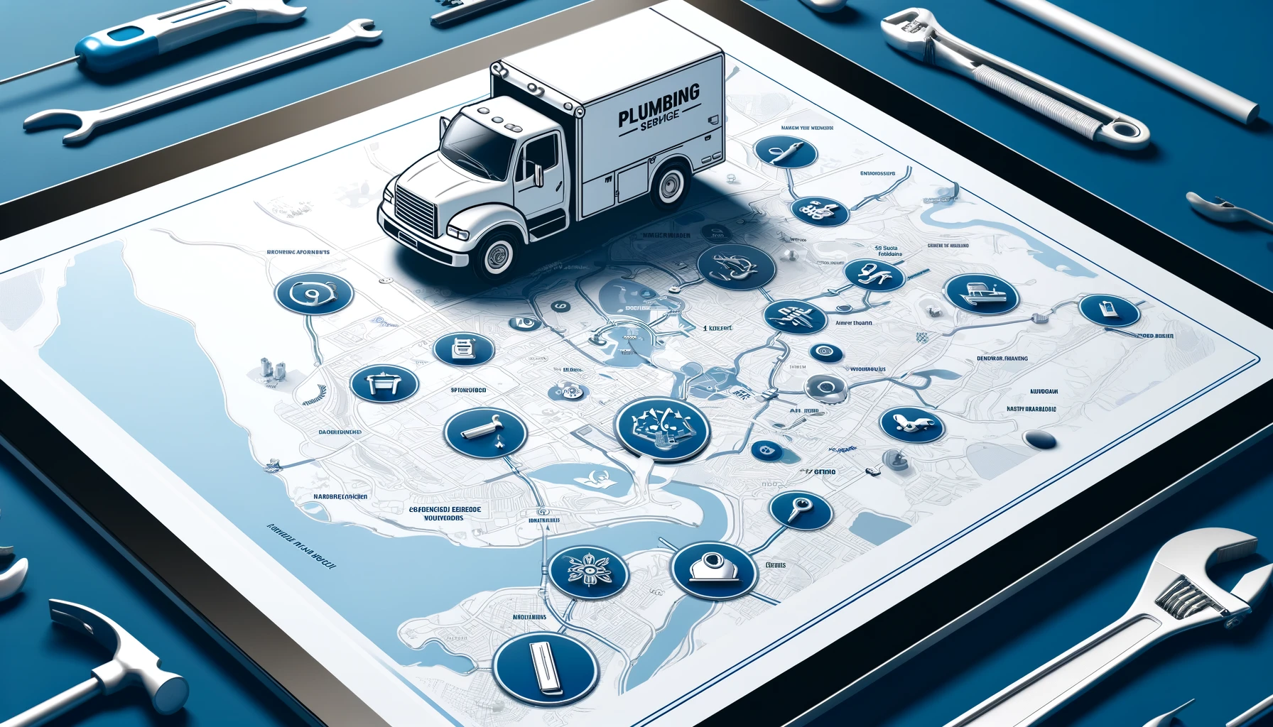 DALL·E 2024 05 23 00.51.39 A detailed illustration for a plumbing website showing a map with highlighted service areas. In the foreground a plumbing service truck is prominent